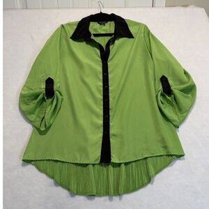 Sunny Taylor Women's XL Green Black Pleated Tunic Shirt Roll Tab Sleeves XL